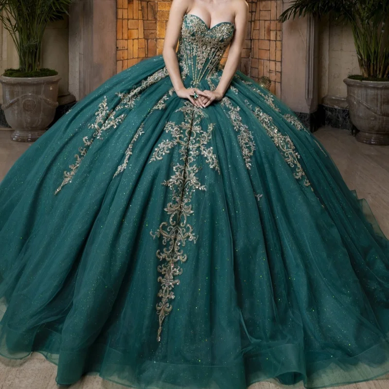 

Dark Green Quinceanera Dresses Off the Shoulder Golden Glitter Decal Crystal Long tail Bow Vestido De 15 Quinceanera Customize