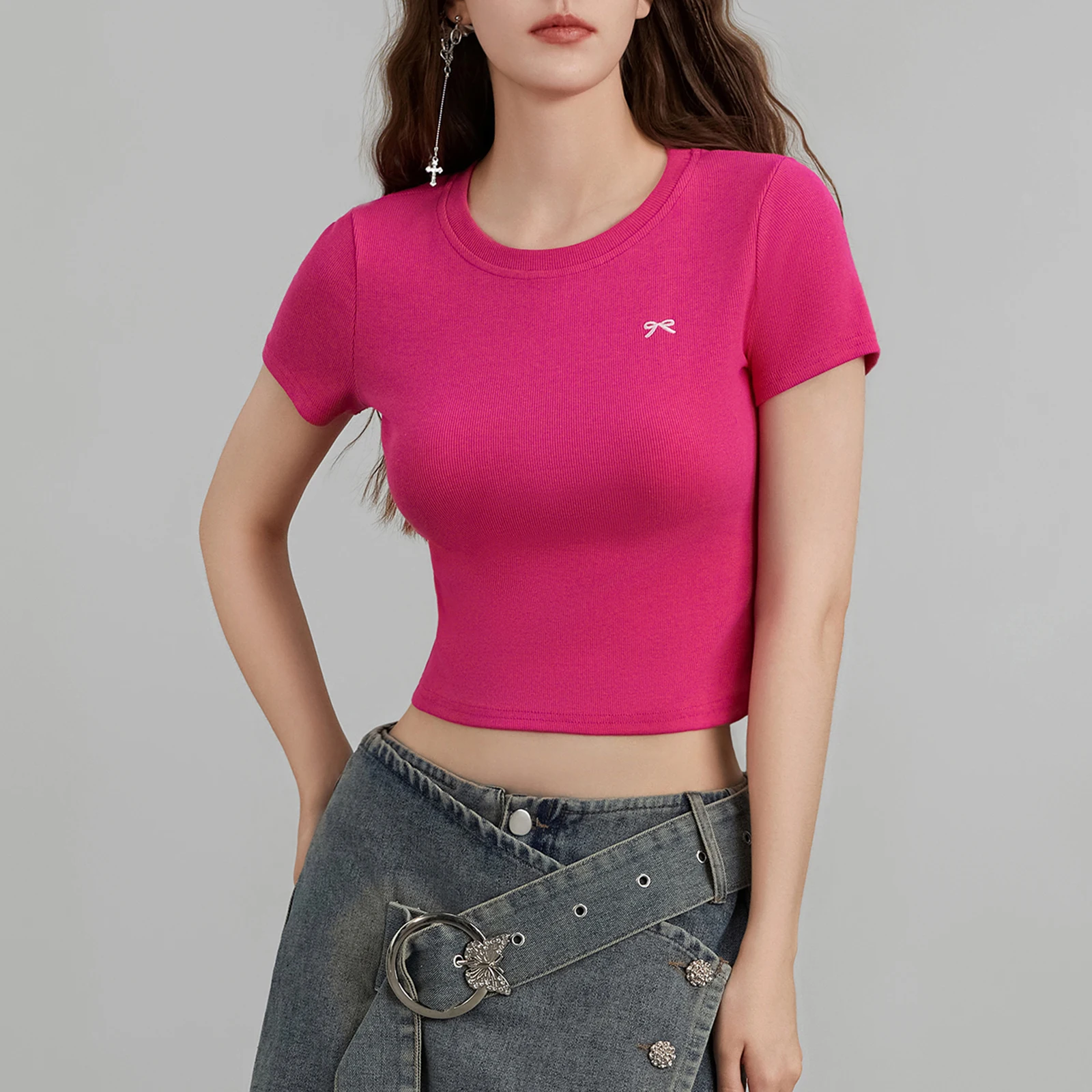 Women s Crop Tops Tight Fitted Round Neck Short Sleeve Cute Bow Embroidery Ribbed T-Shirts Tops for Summer