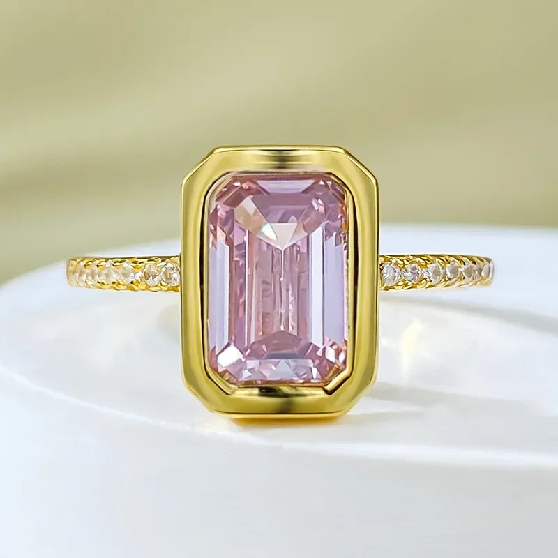 SpringQiaoer Solid 925 Sterling Silver 6*9MM Asscher Cut Pink Sapphire Wedding Engagement Ring 18K Gold Plated Fine Jewelry Gift