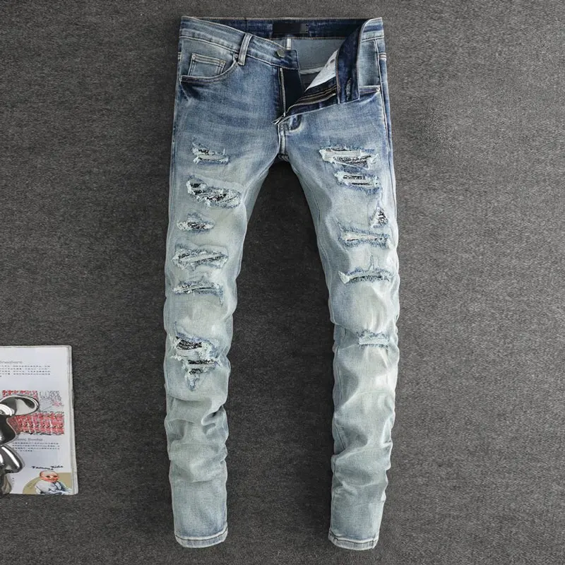 NewY2k Men's Retro Light Blue Jeans with Cashew Flower Patch Slimming Elastic Waist Hip Hop Fashion Designer Brand