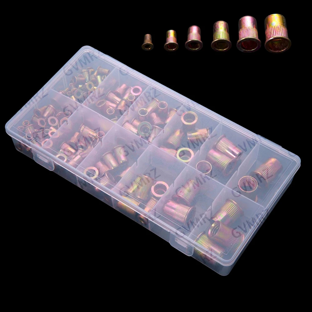 165pcs M3-M10 M3 M4  Color-coated Zinc Carbon Steel Flat Head Rivet Nuts, Through-hole Striped Knurled Press-fit Nuts M8 M5 M6