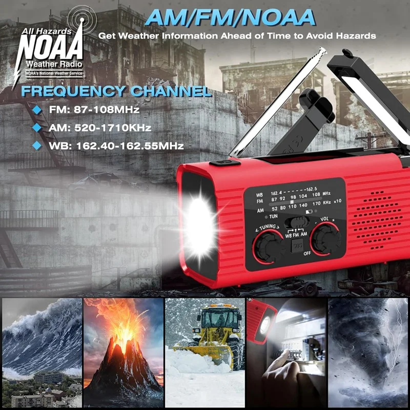 Radio d'urgence à manivelle solaire multifonction, AM FM NOAA, alarme SOS, 4000mAh