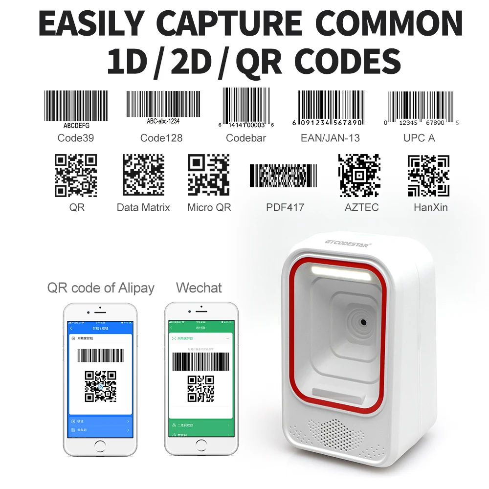 GTCODESTAR GT-7100C QR Code Reader Wireless Desktop 2D Barcode Scanner Auto Sense Wechat Alipay Payment Box for Supermarket