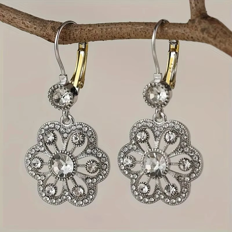 

Jianjie Light Luxury Women’s Flower Charms Pendant Earrings Cubic Zircon Hollow Design Retro Ring Gifts Tide