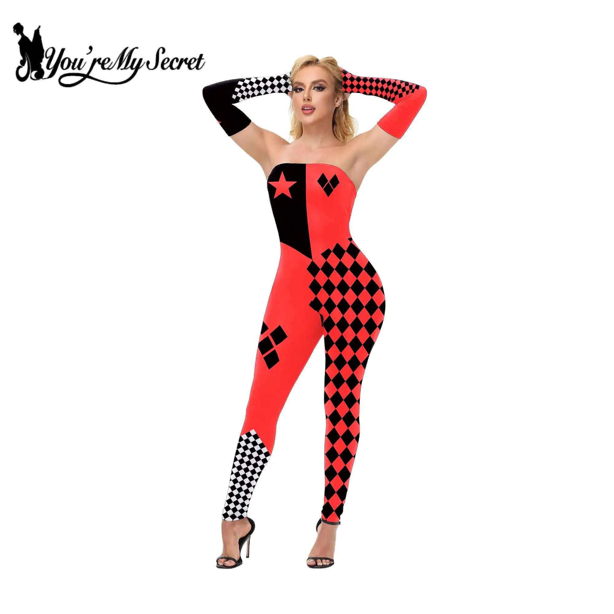 [Tu es mon Secret] Anime Harley Q Clown combinaisons sans bretelles Sexy femmes Catsuit Joker Cosplay Costumes Halloween body