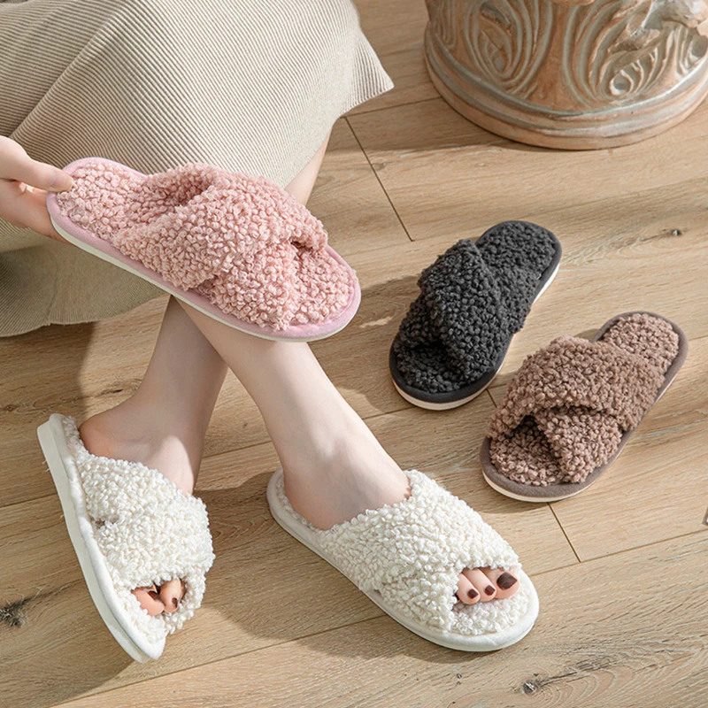 Fashion Cross Strap Fuzzy Slippers Women Indoor House Non Slip Warm Plush Woman Slippers Winter Comfort Soft Sole Cotton Slides