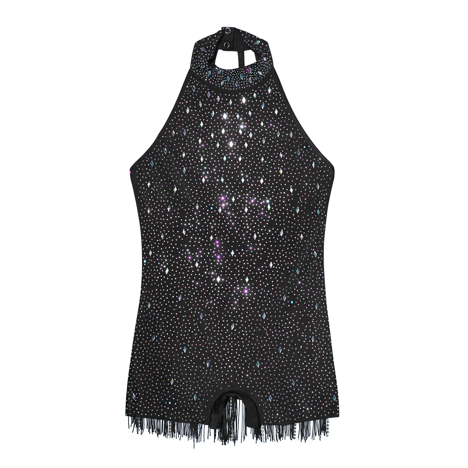 Kids Girls Jazz Dance Tassel Bodysuit Latin Cha-cha Samba Tango Leotard Sleeveless Shiny Rhinestones Skating Gymnastics Jumpsuit