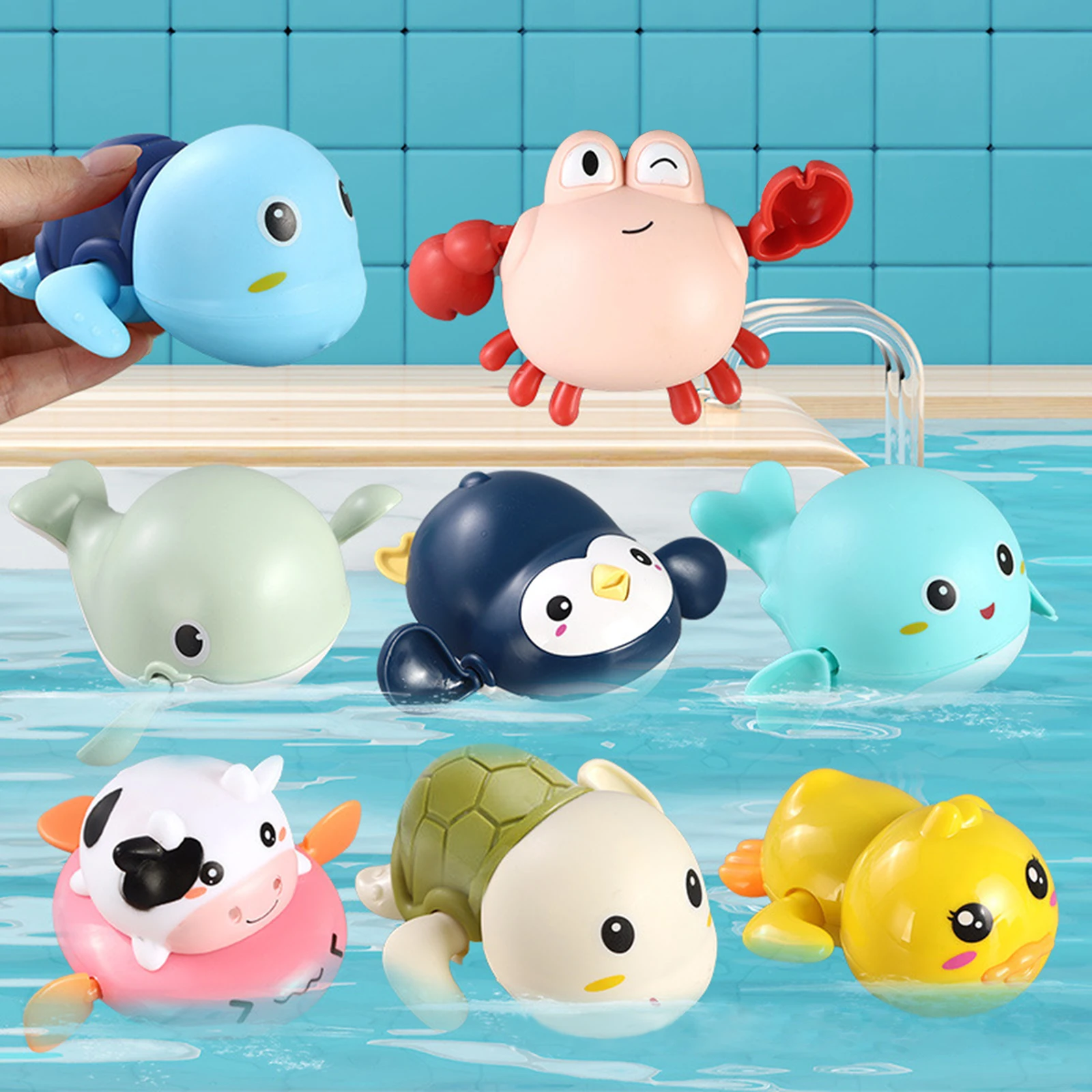 JOClockwork-Jouets de bain pour bébé, 2 pièces, dessin animé, animal, eau, infantile, nager, enroulé, cadeau pour enfants, plage