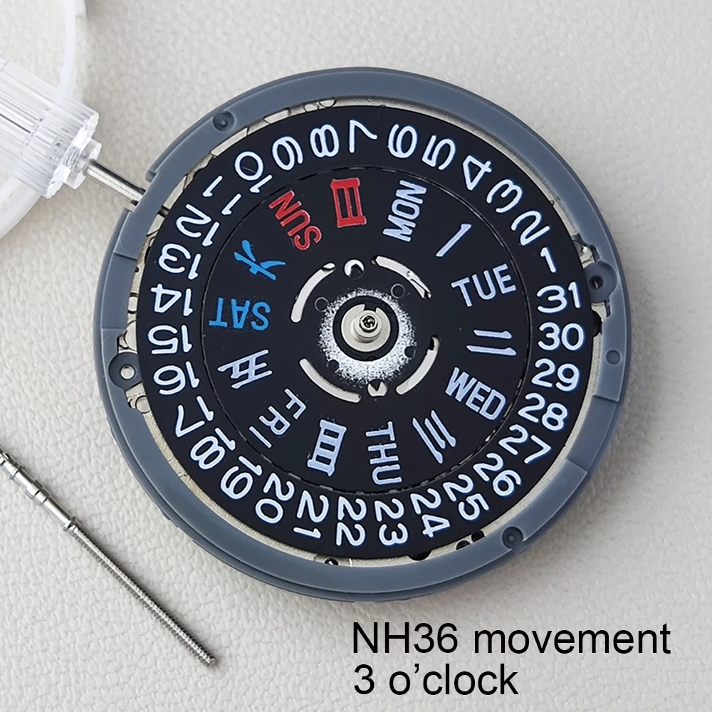 Japan NH36 Movement Chinese and English Datewheel Crown at 3.0 O'clock Mod NH36A Day-Date at 3:00 Black Disc 4R36A