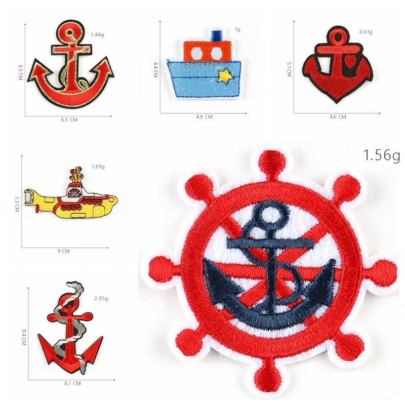 Cartoon Undersea Boat Embroidered Submarine Patches Iron on For Clothing Steering Wheel Ship's Anchor Appliques Badges Parches