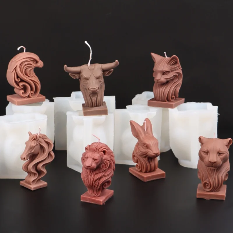 Tierkopf Silikonform für Kerzen: Adler, Pferd, Hase, Löwe, Leopard, Stier, Katze - DIY Aroma-Seife, Harz, Gips-Skulptur, Heimdekoration
