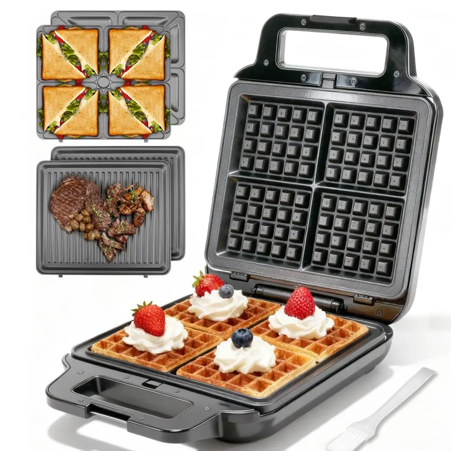 Waflera con Placas Extraíbles, Waflera Eléctrica, Plancha Grande para Waffles, Prensa para Paninis 3 en 1, Máquina para Hacer Sándwiches de Desayuno