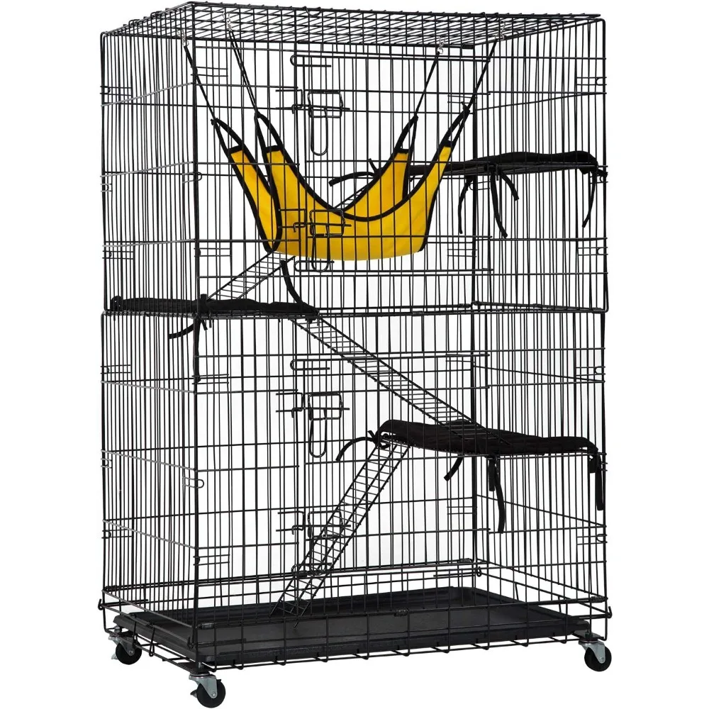 4-Tier 48 Inches Cat Cage Crate  Kennel Playpen with Free Hammock 3 Cat Bed 2 Front Doors 3 Ramp Ladders Perching Shelves