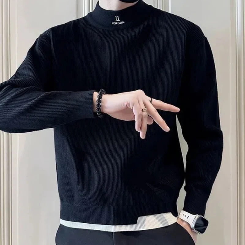 Autumn Winter Fashion Half High Collar Long Sleeve Pullovers Men's Clothing Solid Casual Korean Knitting Warm Trend Chic Tops