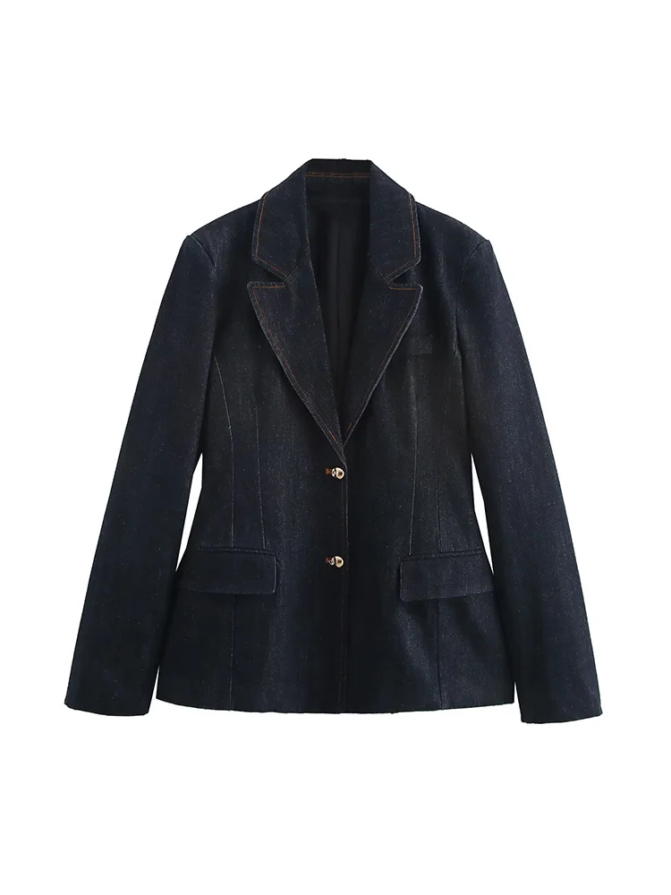 

Willshela Women Fashion Denim Black Single Breasted Blazer Vintage Notched Neck Long Sleeves Female Chic Lady Outfits