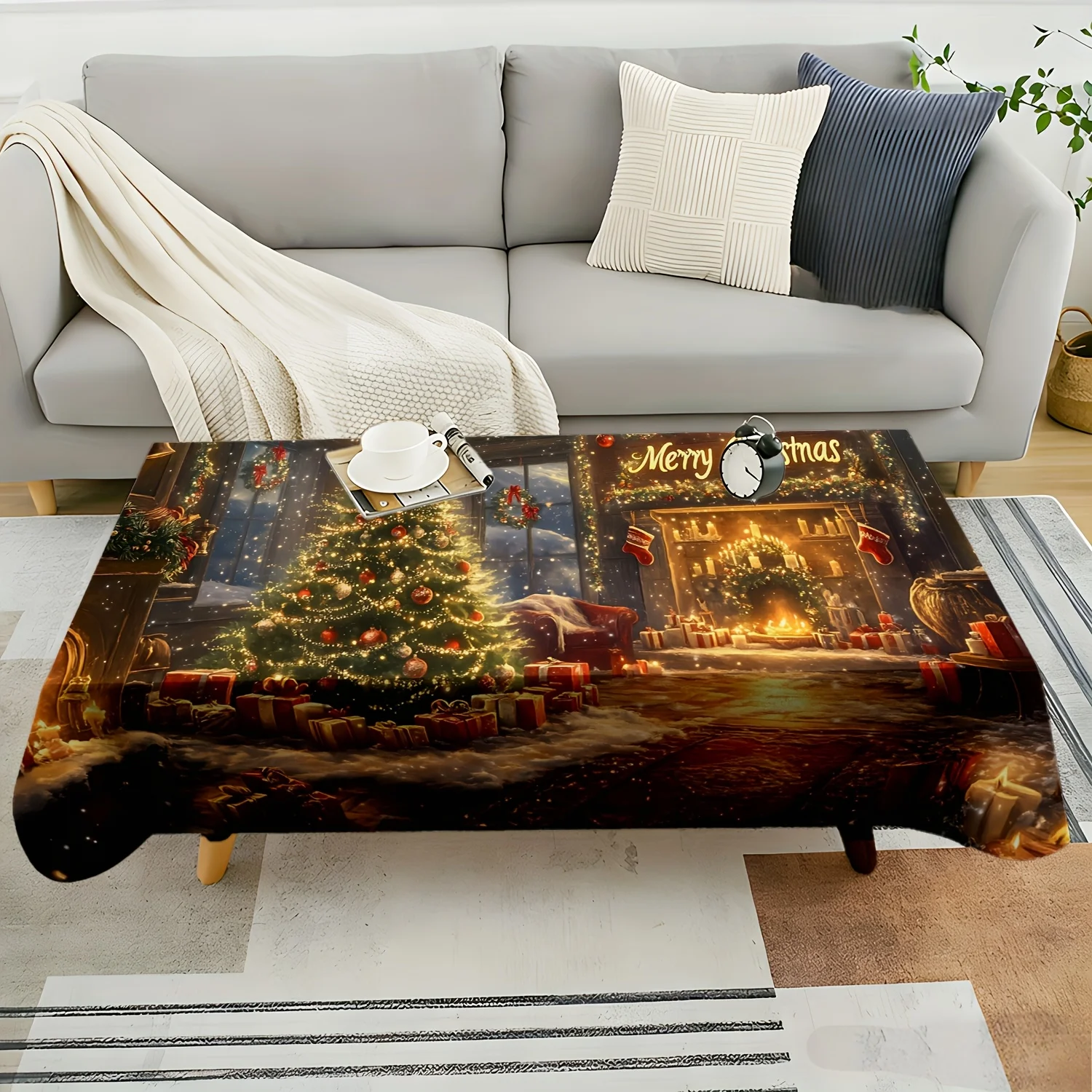 Warm Xmas Tablecloth, Glowing Christmas Tree Fireplace Print Rectangular Washable Table Cover for Dining & Holiday Party Decor