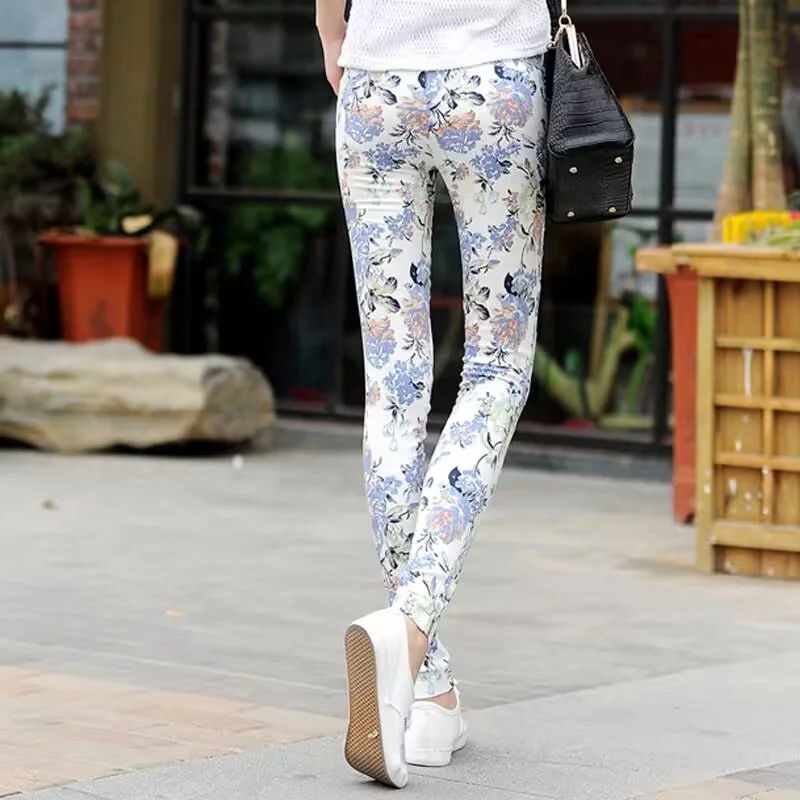 NEW Spring Summer Mid Waist Tight Pants Women Elastic Casual Printed Pencil Pants Female Trendy Slim Extend Trousers