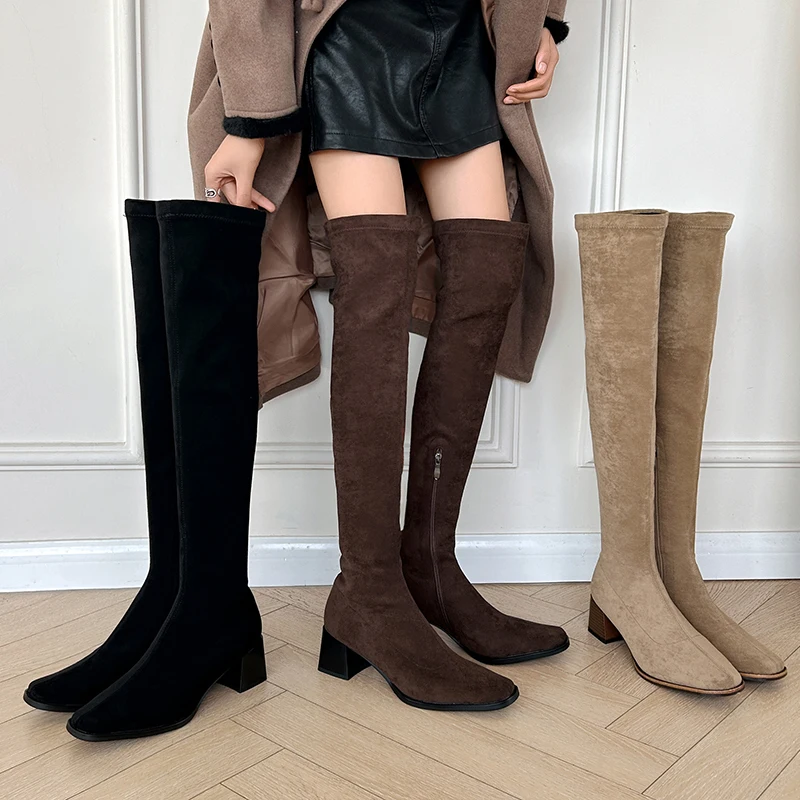 Women's Over-the-Knee Synthetic Suede Tall Boots Block Heel Square Toe and Inner Ankle Zipper Fashion Long Winter Booties 2024