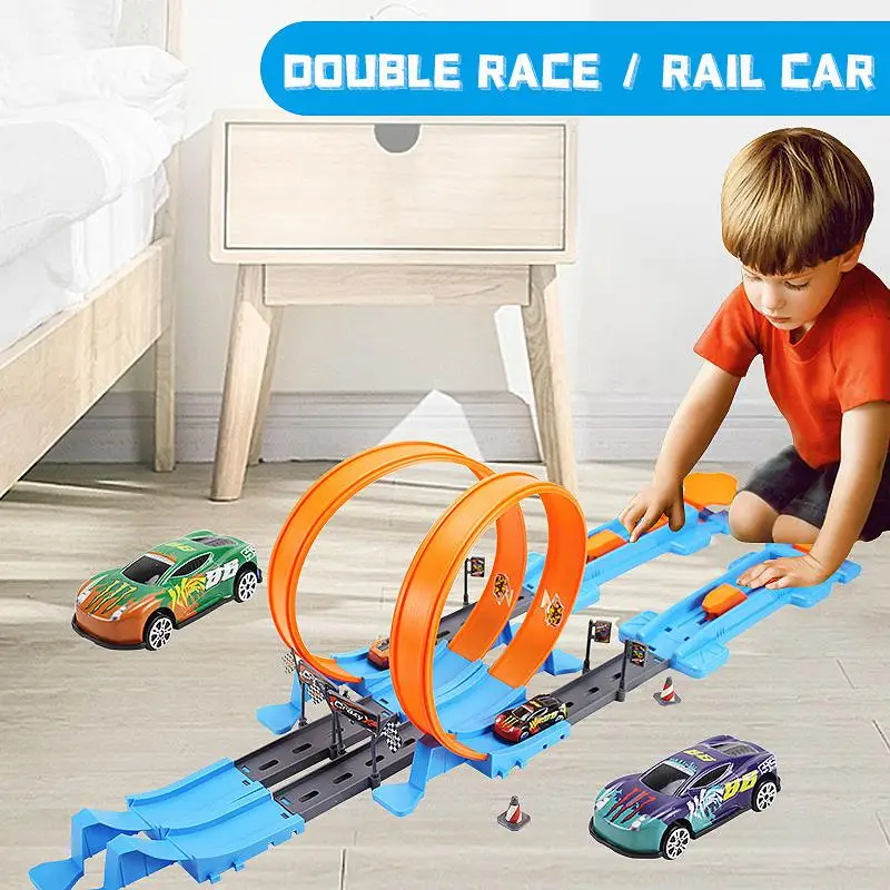 Stunt Speed-modelo de ruedas de coche doble para niños, pista de carreras, Kits de rieles ensamblados, juguetes interactivos familiares, regalo para