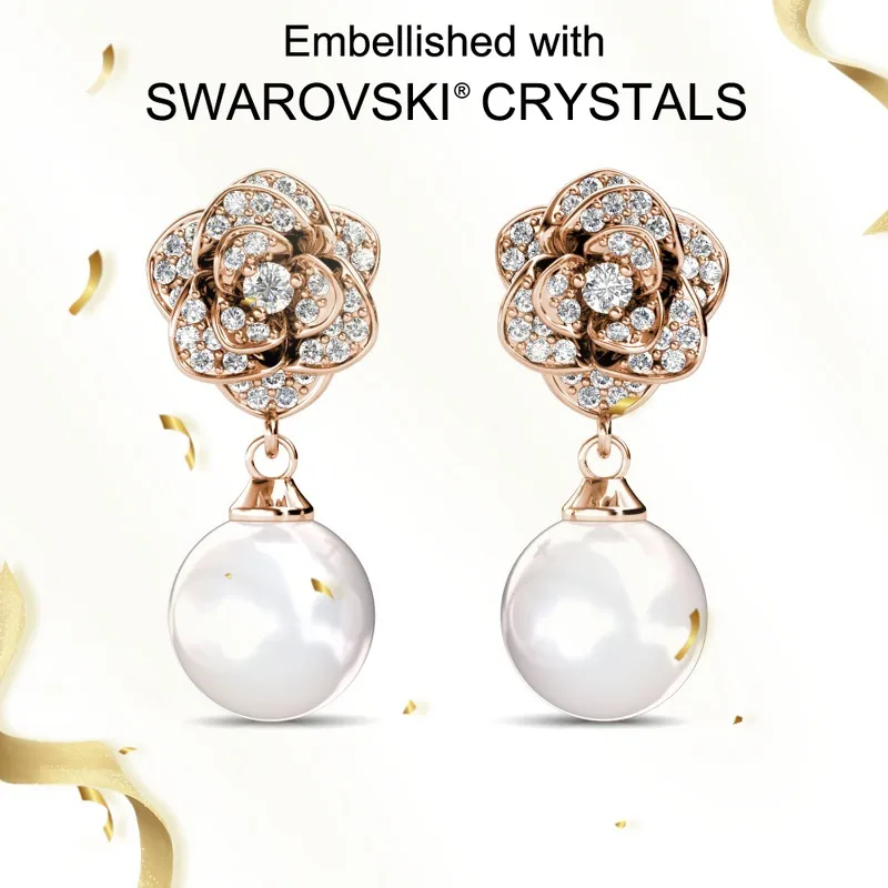 

Daisini 925 Sterling Silver Rose Flower Pearl Stud Earrings for Women with Swarovski Crystals Luxury Wedding Party Fine Jewelry