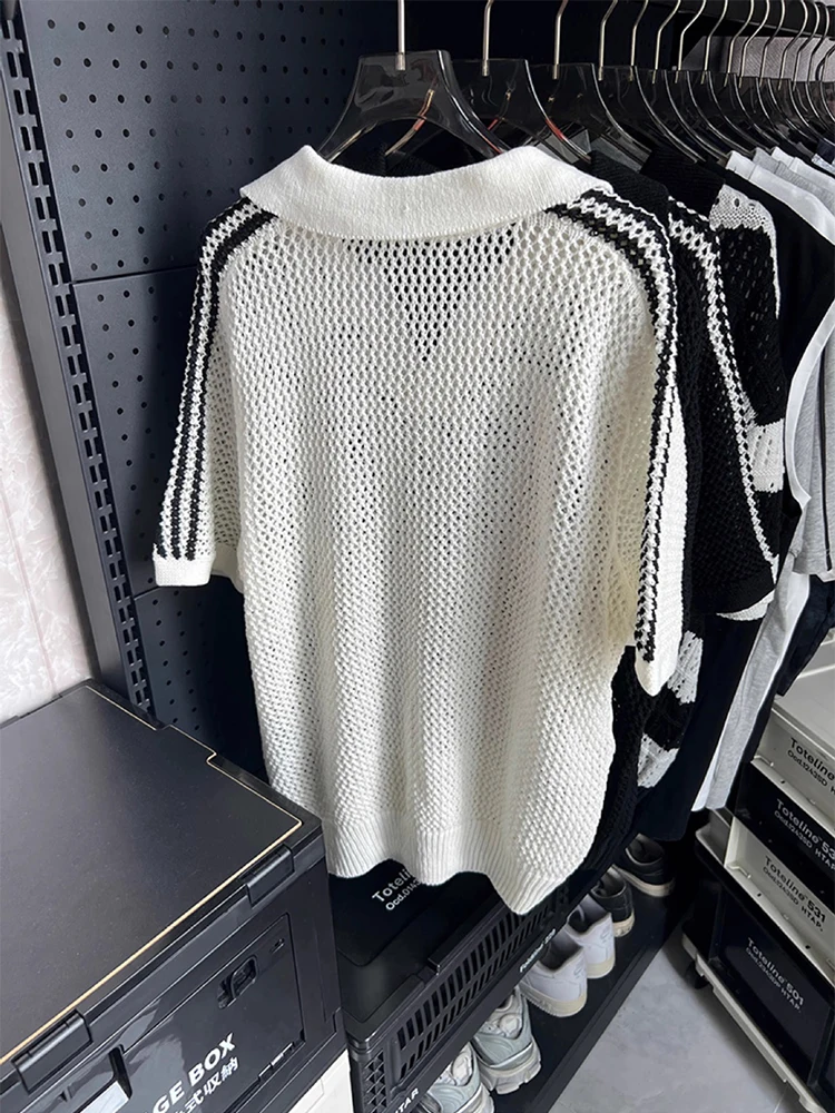 Vintage Hollow Out Knitted Polo Shirt Mens Fashion Striped Short Sleeve Lapel Mesh Tops Men 2025 Summer Casual Knitting Jumper