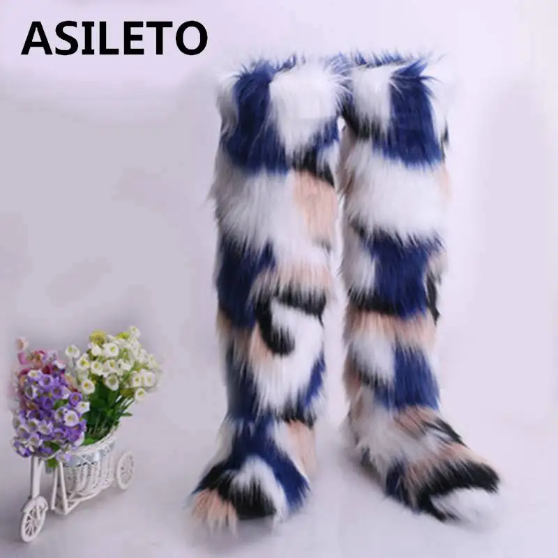 

ASILETO Winter Over the knee Women Snow Boots Genuine Real hairy Ostrich Feather furry Fur flats plush warm ski Outdoor botte