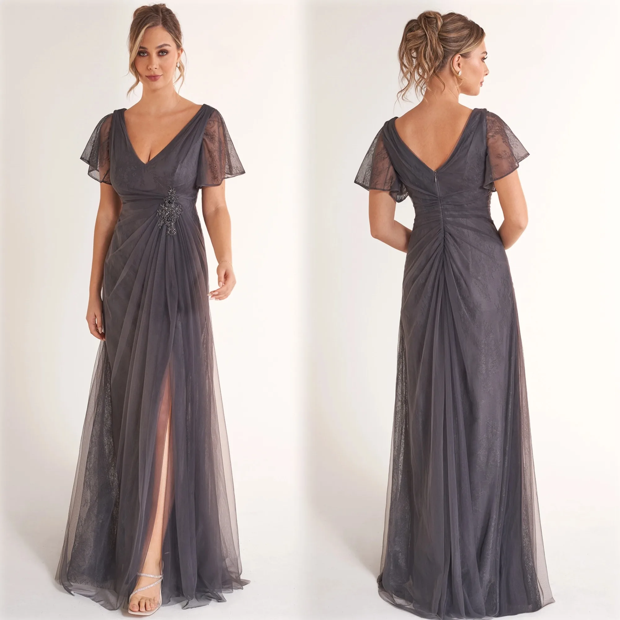 

Elegant Grey A Line Evening Dresses Lace Beads V Neck Prom Gowns Vintage Floor Length Customized Wedding Mother of Bride Dress