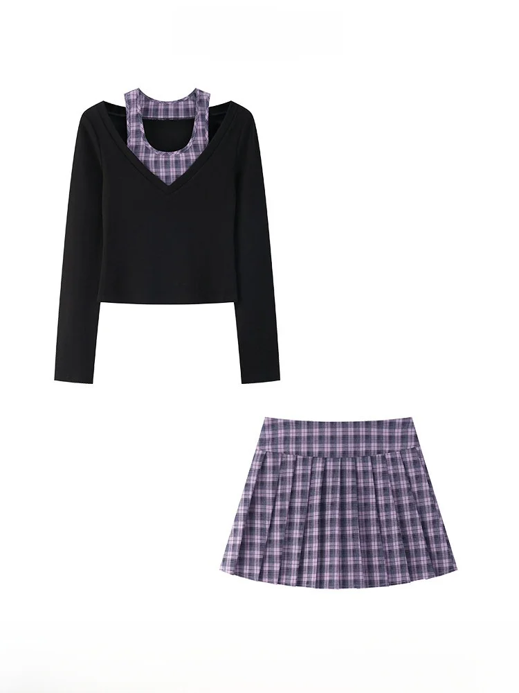 

Милый клетчатый жилет, искусственная футболка из двух предметов, женская юбка с высокой талией, комплект из двух предметов, весенний модный наряд для молодых женщин