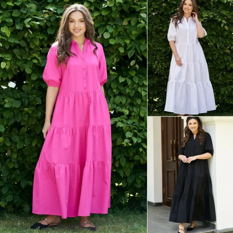 Summer New Womens Clothing Fresh and Sweet Stand-up Collar Solid Color Pendulum Short-sleeved Casual Fashion Long Dress