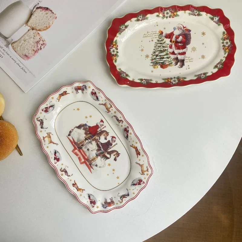 

Dachang last order Christmas wind ceramic rectangular plate wavy edge high-end rectangular cake dessert plate snack plate