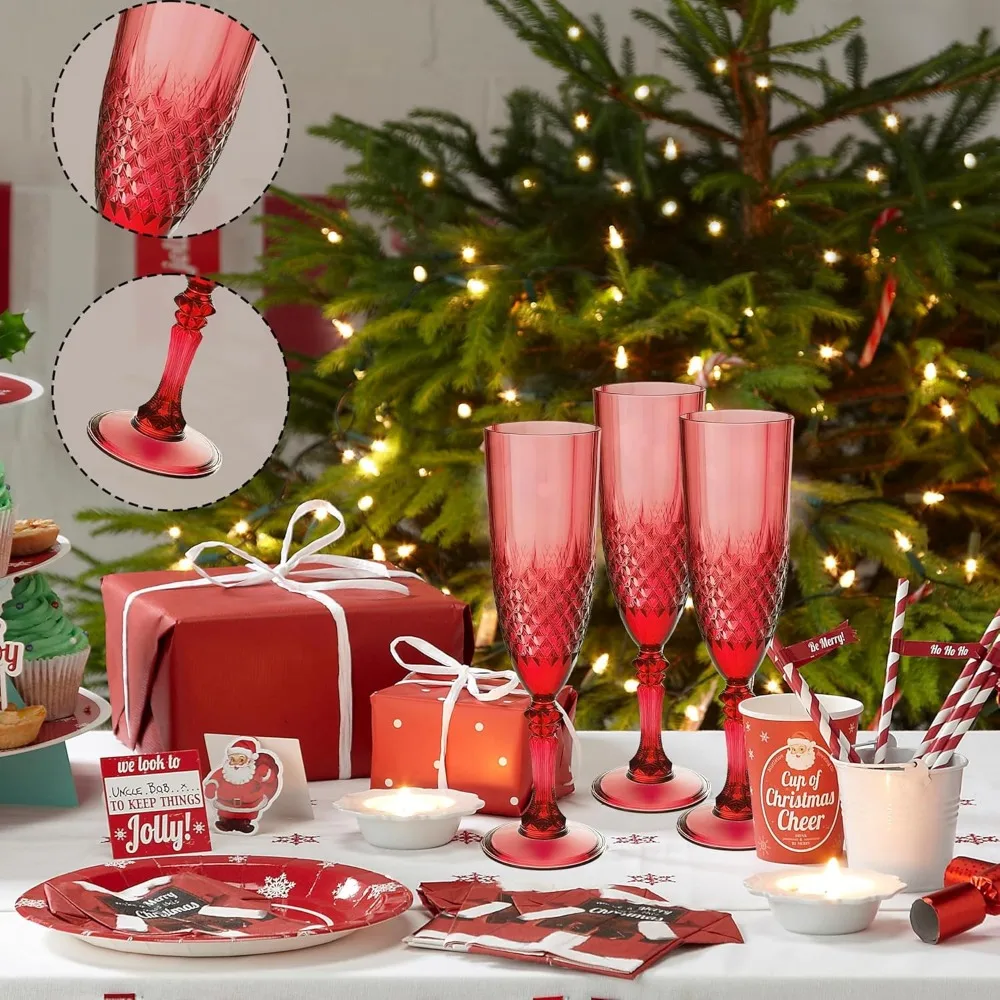 Reusable Dark Red 48-Piece Champagne Flutes Set for Weddings, Christmas, Bachelor Parties, and Toasts