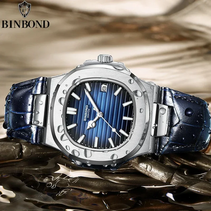 BINBOND ใหม่แท้ชายหนุ่มควอตซ์ Watchwith แฟชั่นสายหนังกันน้ําปฏิทินธุรกิจหรูหรานาฬิกาผู้ชาย