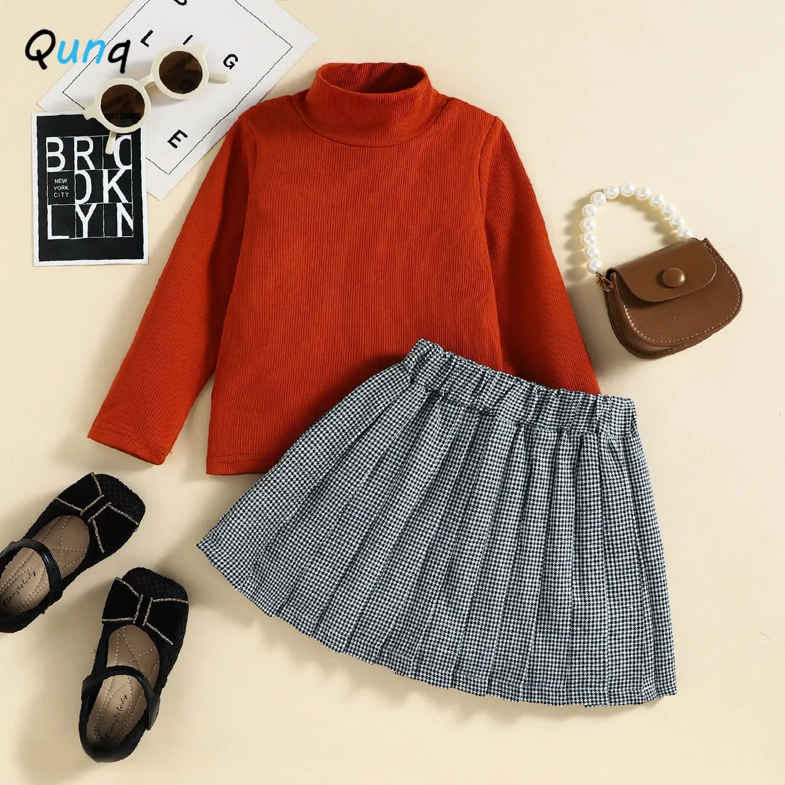 Qunq 2023 Autumn INS New Girls High Neck Long Sleeves Top + Thousand-Bird Check Skirt 2 Pieces Set Casual Kids Clothes Age 3T-8T