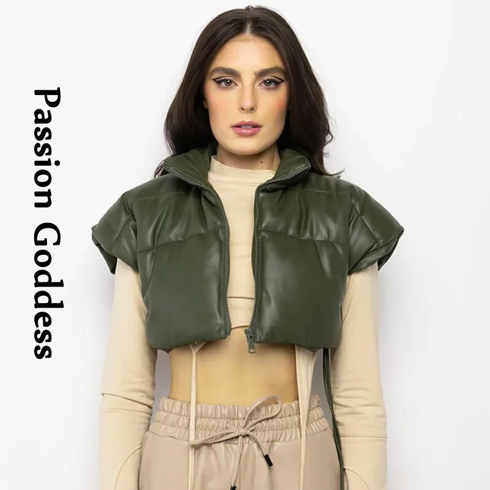 Cool giacca da donna in PU piumino autunno inverno caldo cappotti a bolle parka con coulisse in pelle giacche a maniche corte con cerniera 2022