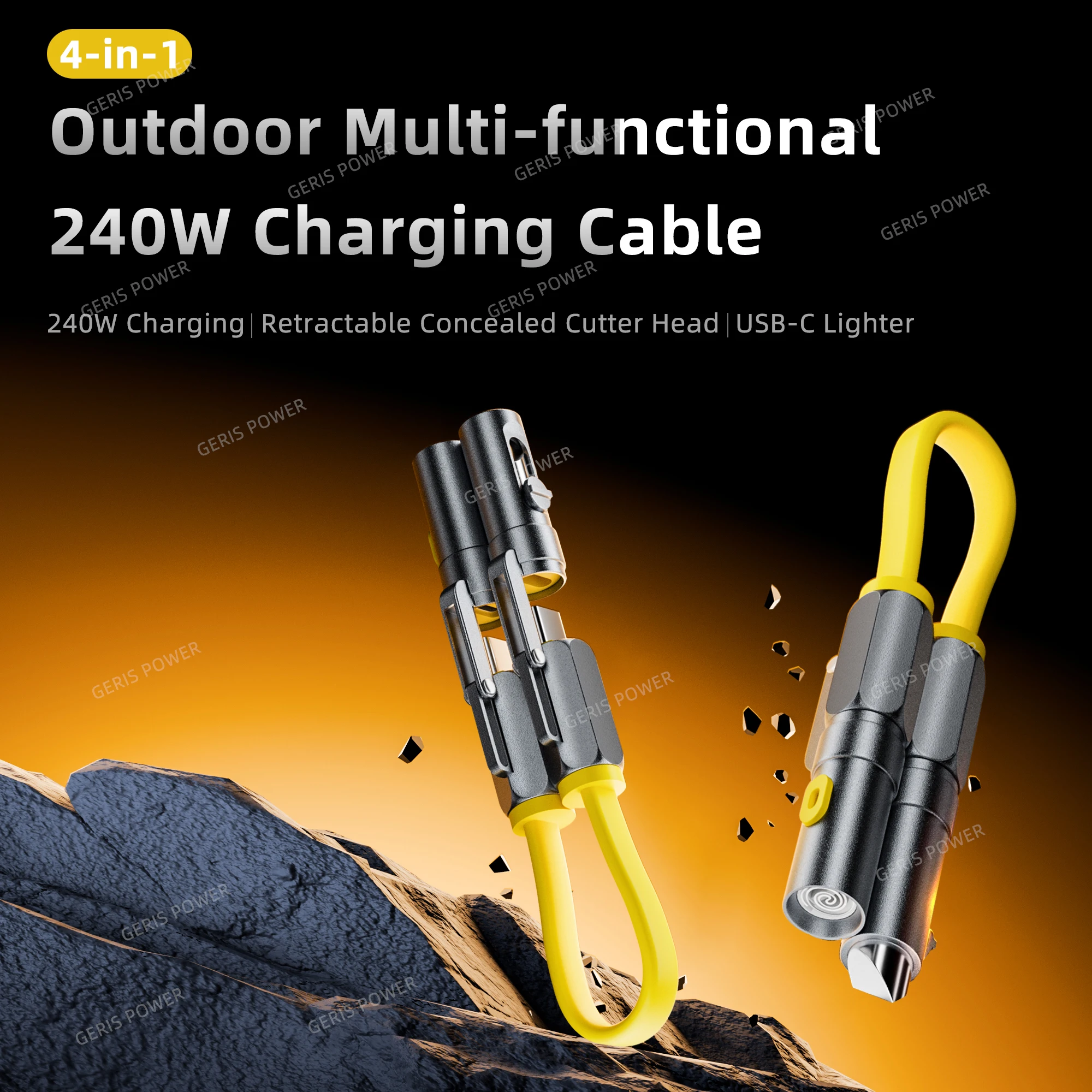 Câble extérieur 4-en-1 en Kirsite, charge rapide 240W, multifonctionnel avec allumeur, cordon de charge USB-C à lame cachée de type C