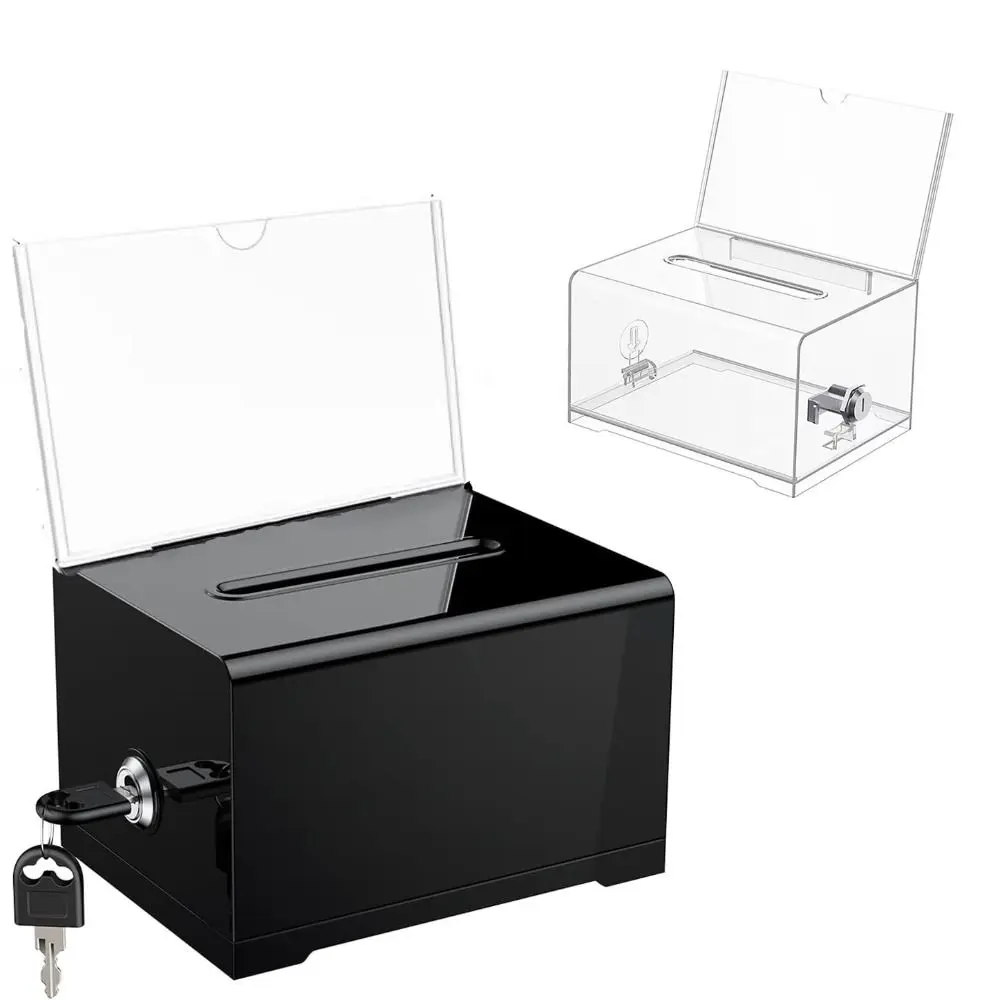 Boîte en plastique avec serrure et porte-panneau, boîte à suggestions, boîte à dons en acrylique solide, conteneur de rangement durable pour associations caritatives