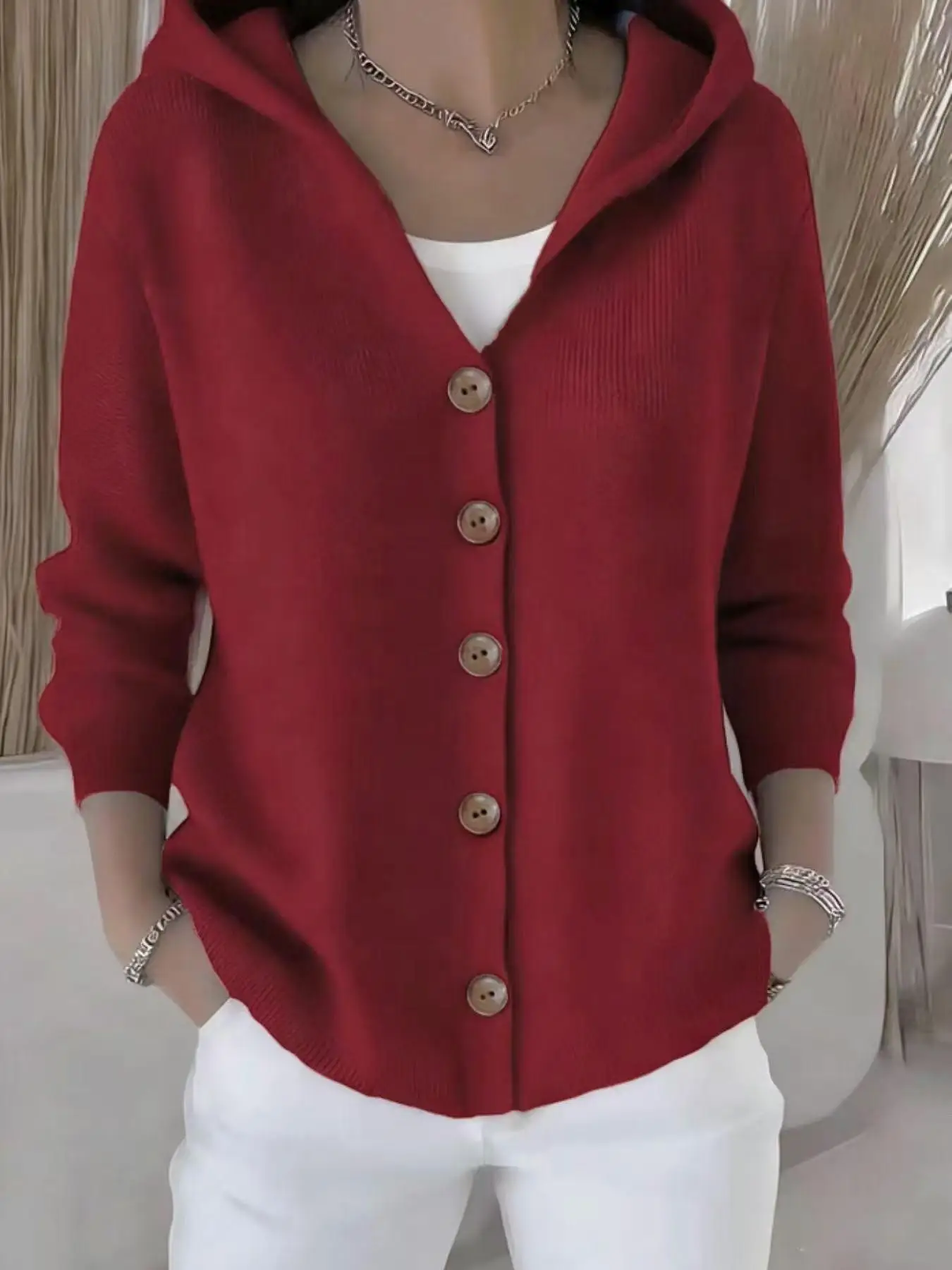 Picture 4: plus Size Women's Hooded V-Neck Knit Cardigan Long Sleeve Button Front Solid Casual Outerwear Knitted Comfortable Fit Cardigan