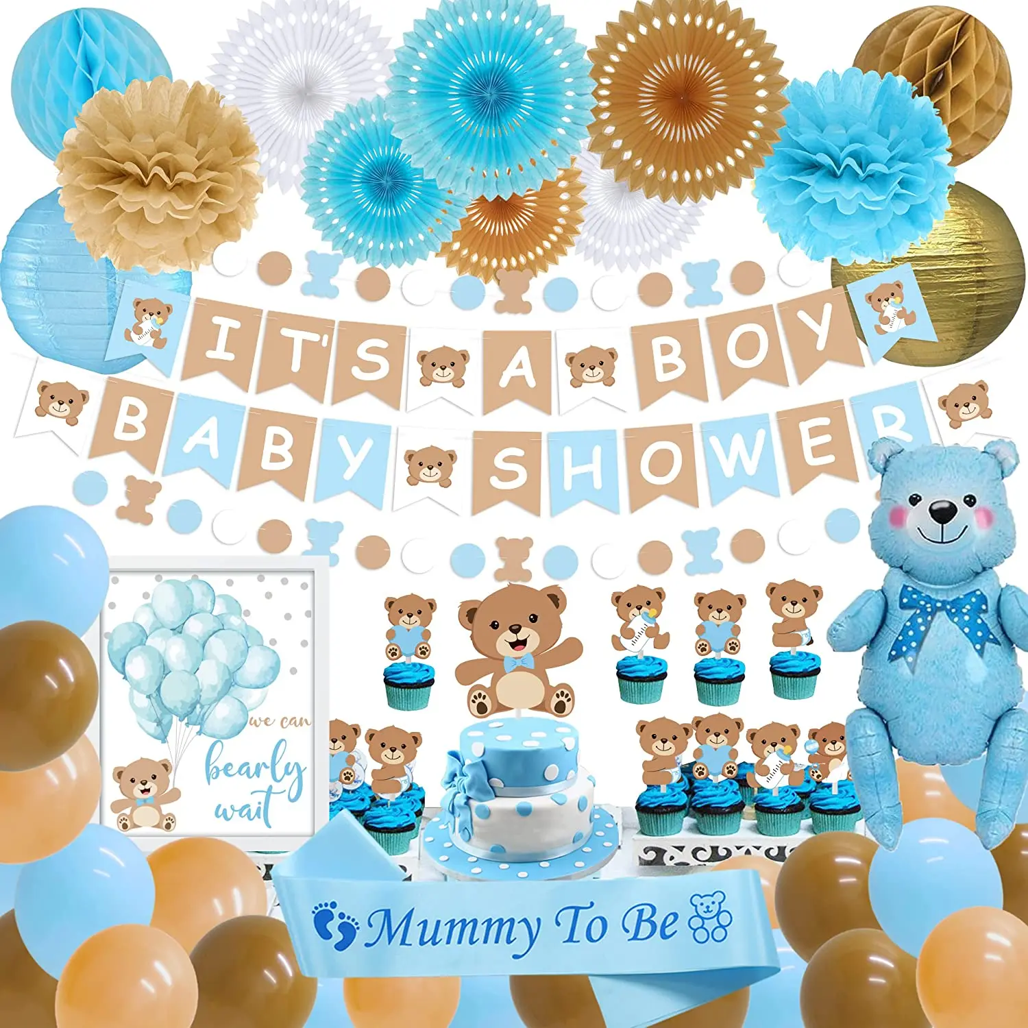 

Bear Garland Cake Topper Set, Paper Fans, Pom Poms Flowers, Baby Shower Decorations for Boy with Its a Boy