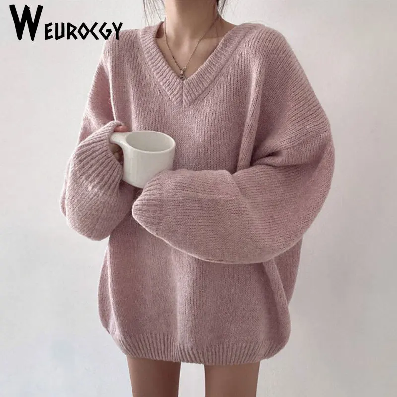 

Women Sweater 2023 Autumn Winter New Casual Loose Fashion Korean Edition V Neck Solid Color Long Sleeve Casual Sweaters Tops