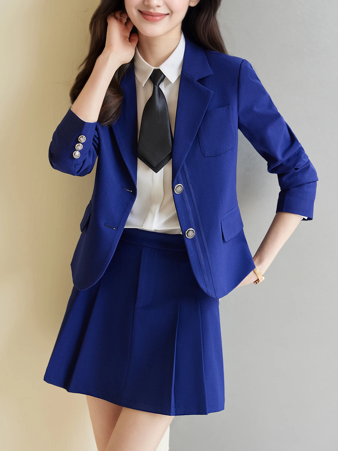 بدلة رسمية مكونة من قطعتين للنساء لربيع وخريف الكلية - سترة راقية ومجموعة تنورة قصيرة مطوية #1