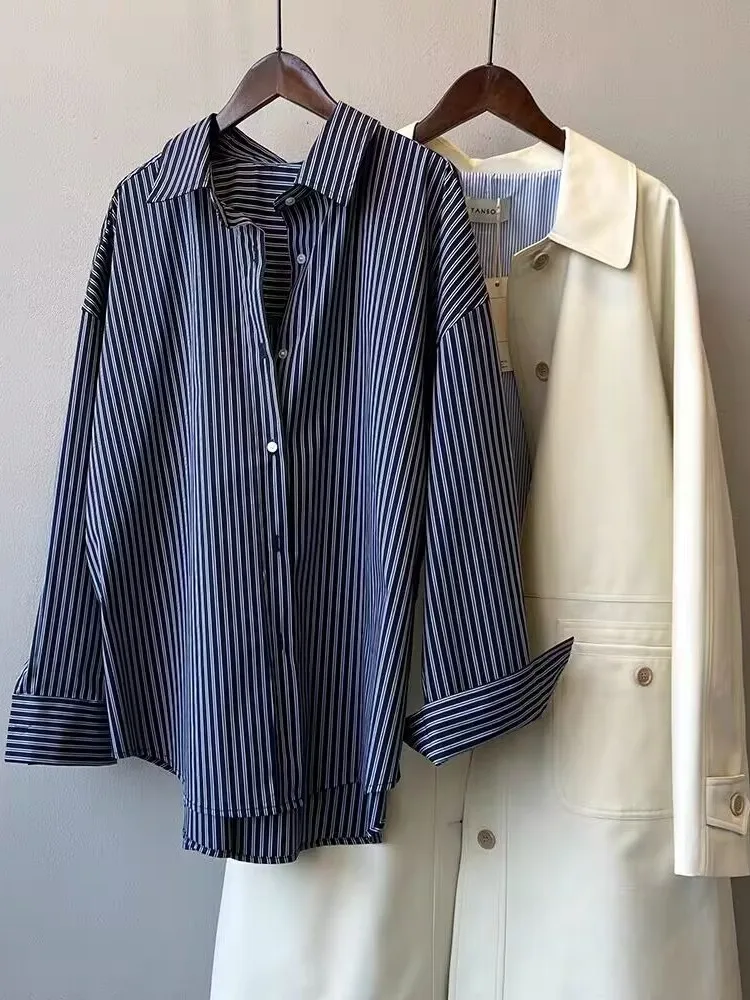 

Свободная длинная полосатая женская верхняя одежда больших размеров в стиле ретро, универсальная верхняя одежда для поездок на работу, удобная дышащая одежда для всех сезонов