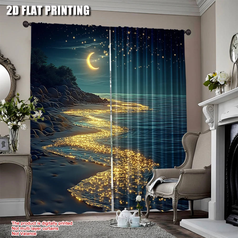

2Pcs Beach Moonlight Curtain Ocean Coastal Sea Waves Starry Night Sky Scenery Fantasy Teal 29.53X65.35In 41.34X90.55In