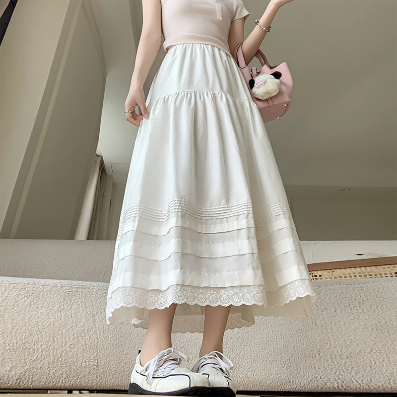 

REALEFT Vintage Women's Lace Patchwork Umbrella Skirts 2025 New Solid High Waist Casual Loose A-line Midi Skirts Female