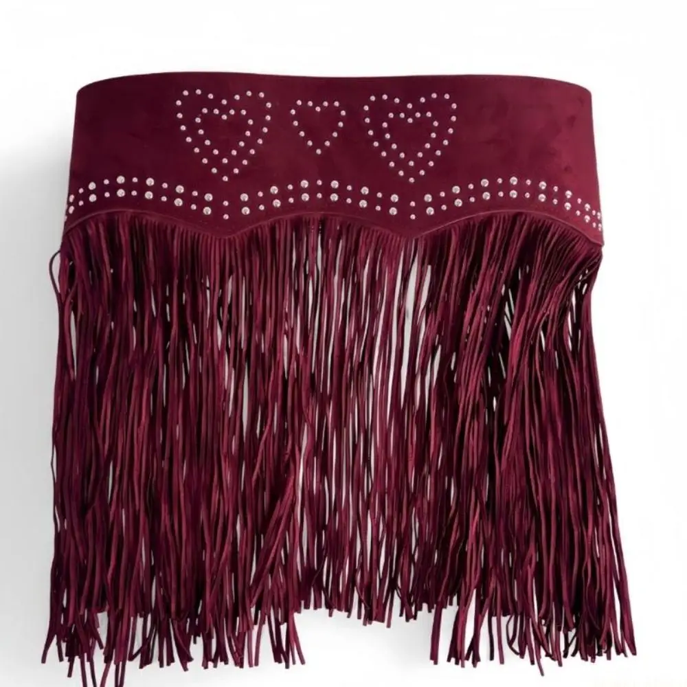 Soft Matte Look Western Waist Belt Extra Wide Suede Material Fringe Waist Belt Rivet Decor Double Buckle Belt
