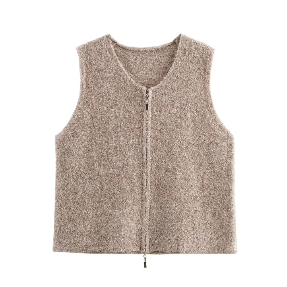 Women's Round Neck Double Zipper Sleeveless Knitted Sweater Spring New Solid Color Temperament Loose Vest