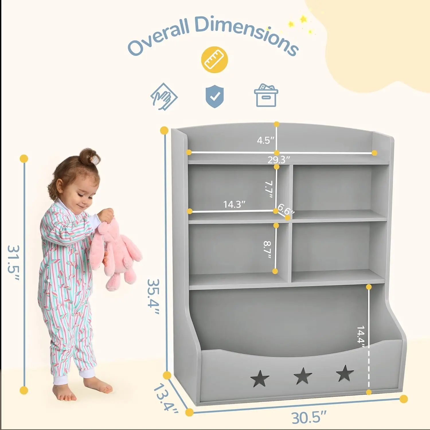 Bookshelf, Three-and-a-Half Tier Wooden Bookcase, Bookshelf for Playing Room, Nursery, Bedroom, Toy Storage Cabinet with 5 Cube