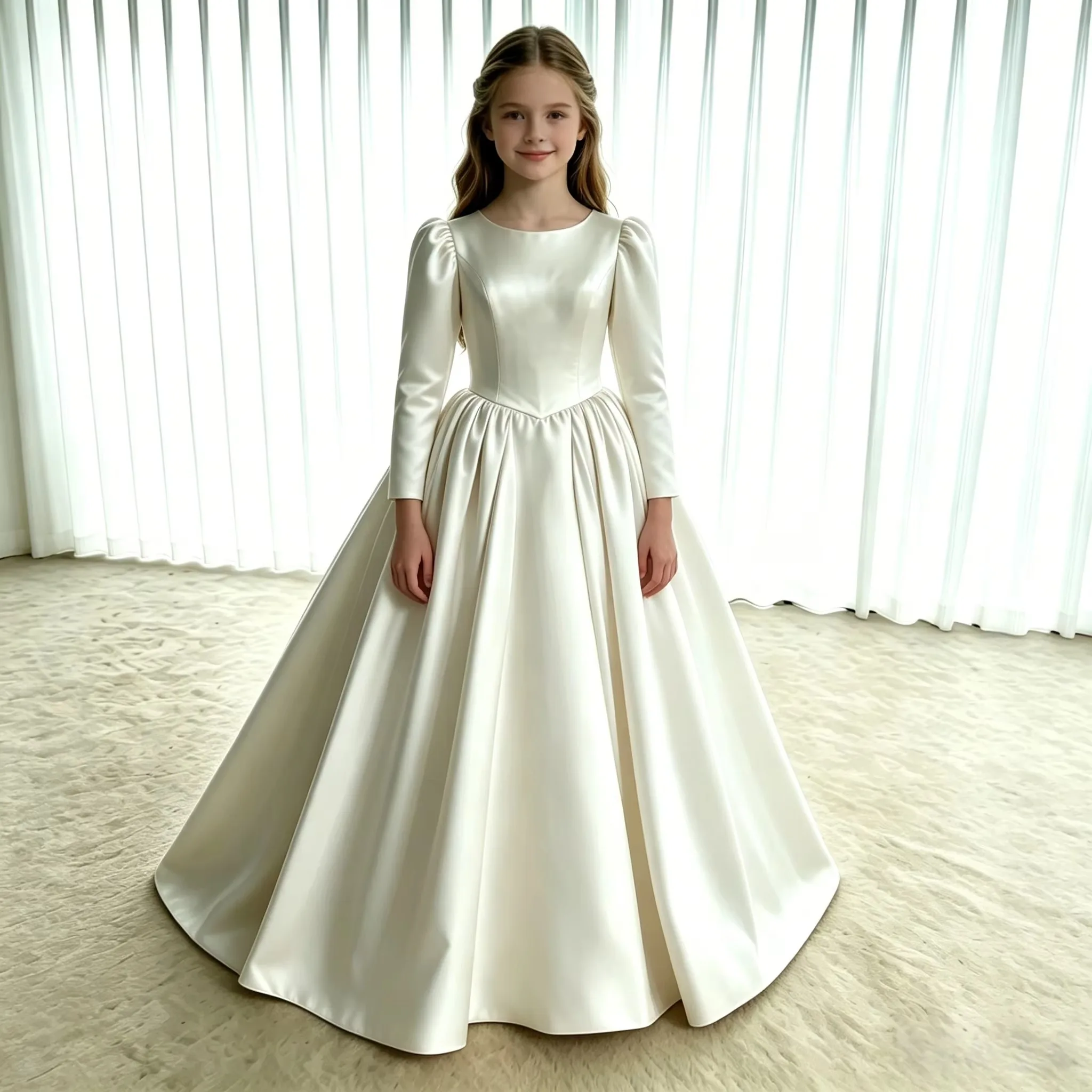 Girls First Communion Dress New Long Sleeves Satin Elegant Tail Evening Gown Girls Wedding Party Princess Dress for Juniors
