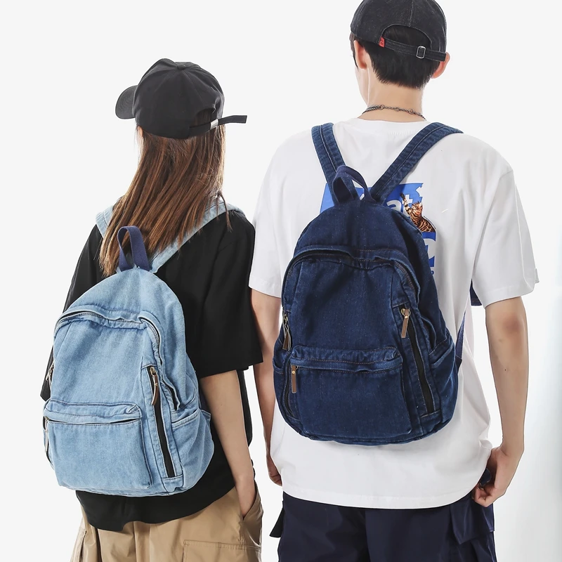 Fashion Multi Pocket Women Backpack Vintage Washed Denim Female School Backpack Men Leisure Trendy Cool Student Travel Book Bag