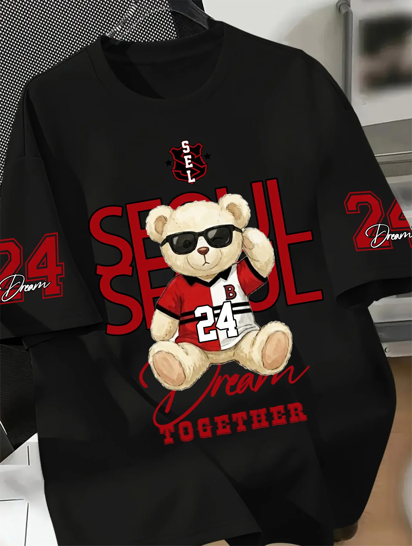 Men Oversized Streetwear T‑Shirt Sunglasses Bear Seoul Letter Graphic Print Drop‑Shoulder Casual Short Sleeve Tee