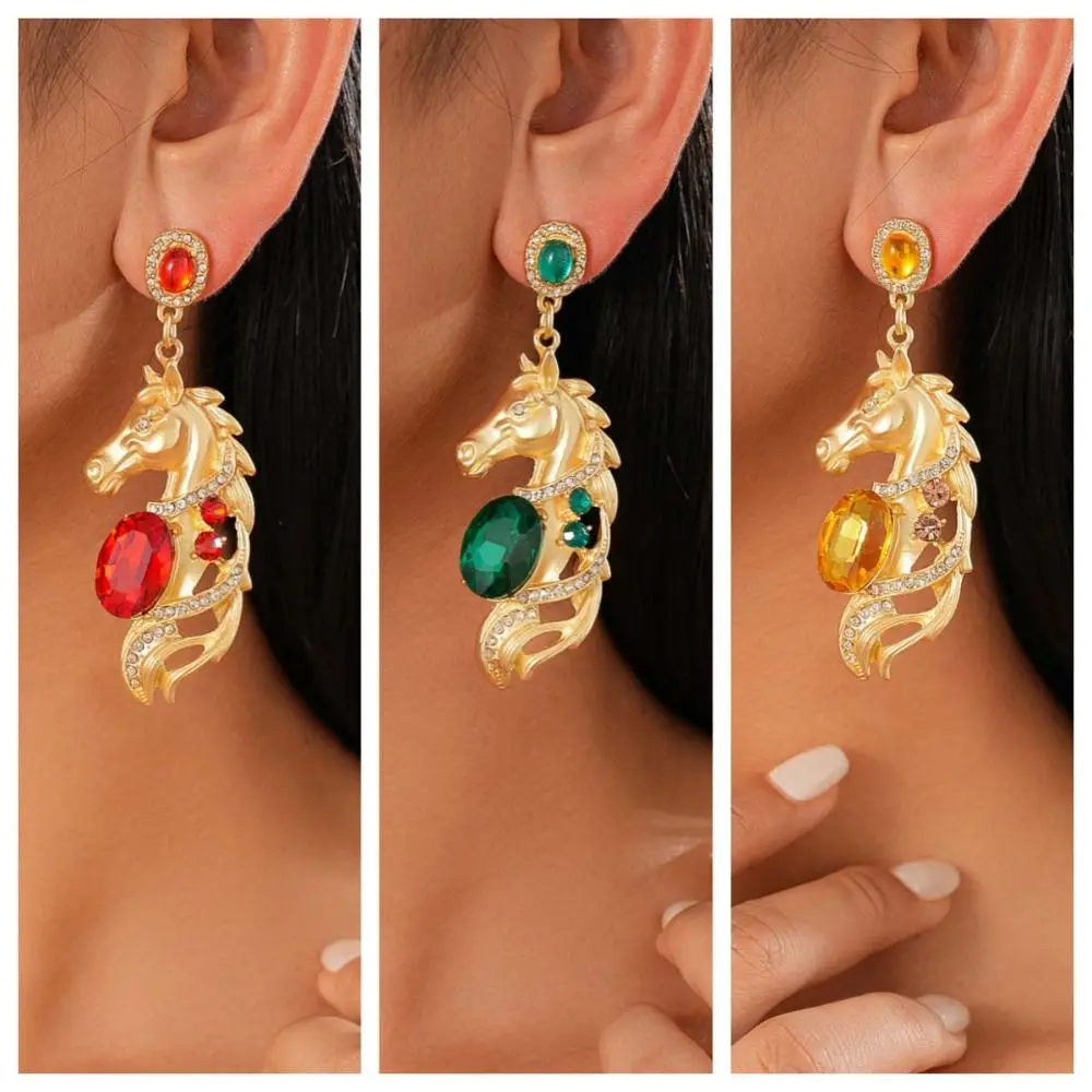 Zodiac Horse New Year Horse Earrings Cartoon Rhinestone Crystal Luxury Pony Earrings Fashion Jewelry Chinese Style